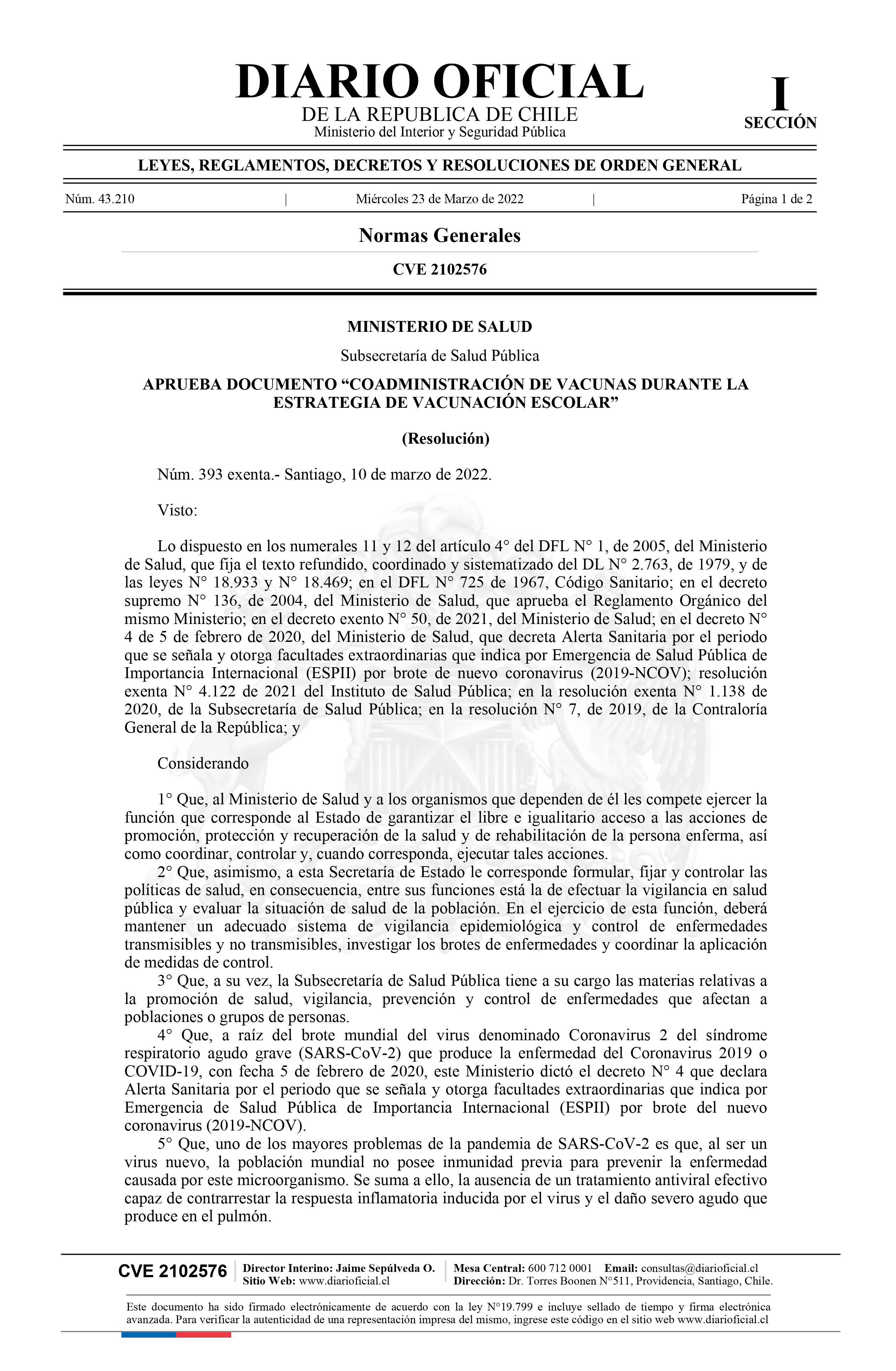 APRUEBA DOCUMENTO “COADMINISTRACIÓN DE VACUNAS DURANTE LA ESTRATEGIA DE VACUNACIÓN ESCOLAR”