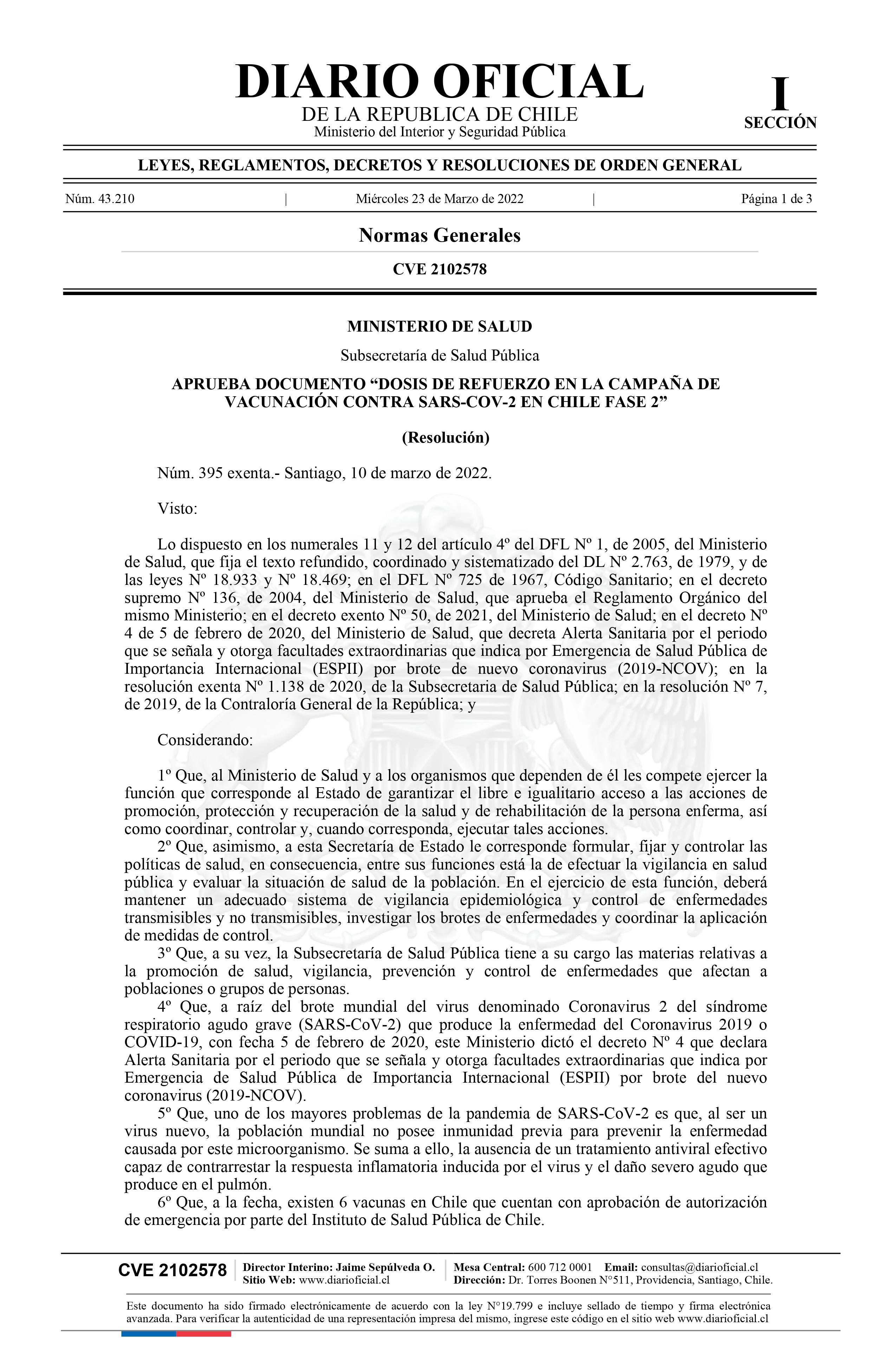 APRUEBA DOCUMENTO “DOSIS DE REFUERZO EN LA CAMPAÑA DE VACUNACIÓN CONTRA SARS-COV-2 EN CHILE FASE 2”