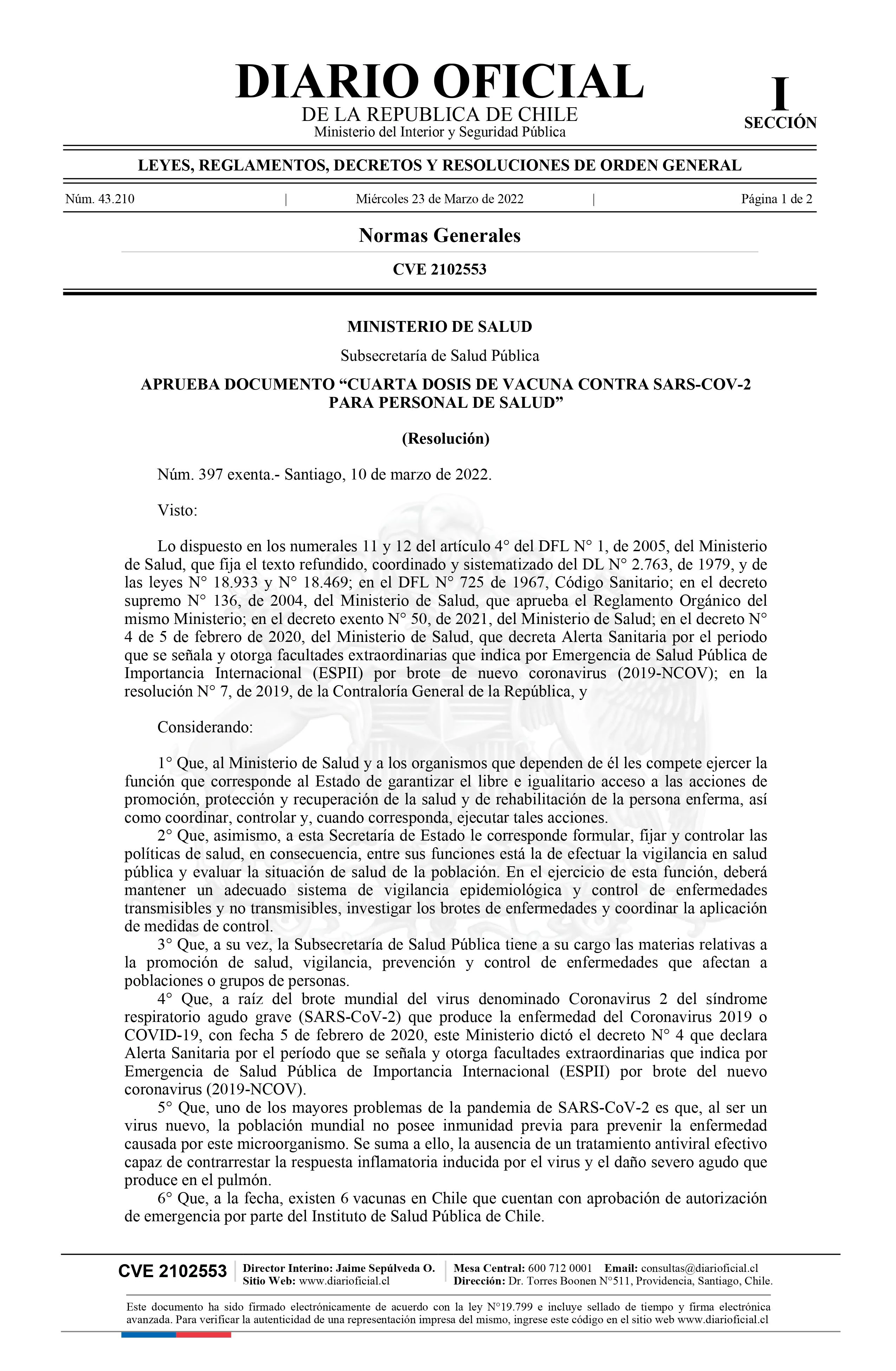APRUEBA DOCUMENTO “CUARTA DOSIS DE VACUNA CONTRA SARS-COV-2 PARA PERSONAL DE SALUD”