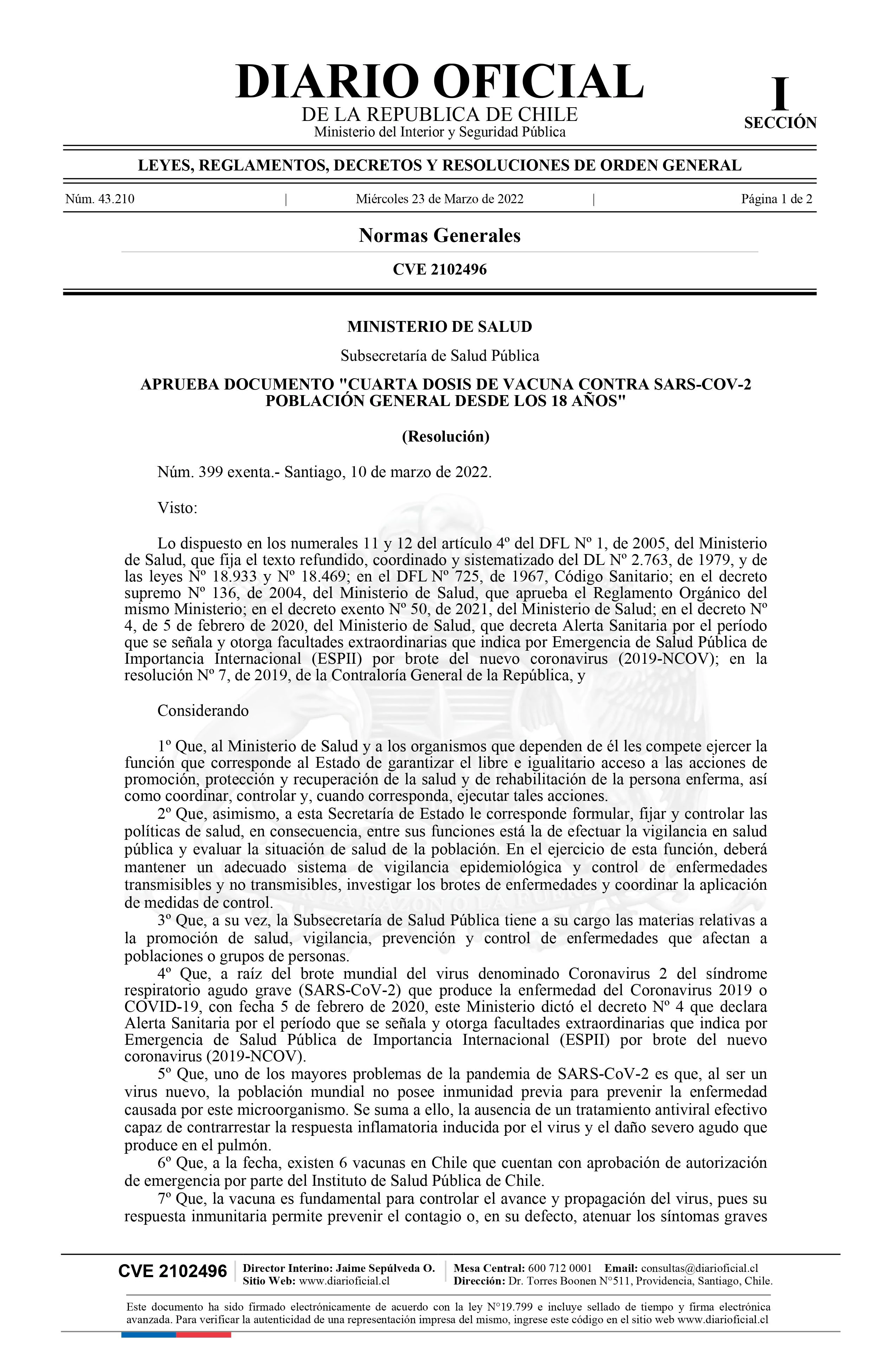 APRUEBA DOCUMENTO "CUARTA DOSIS DE VACUNA CONTRA SARS-COV-2 POBLACIÓN GENERAL DESDE LOS 18 AÑOS"