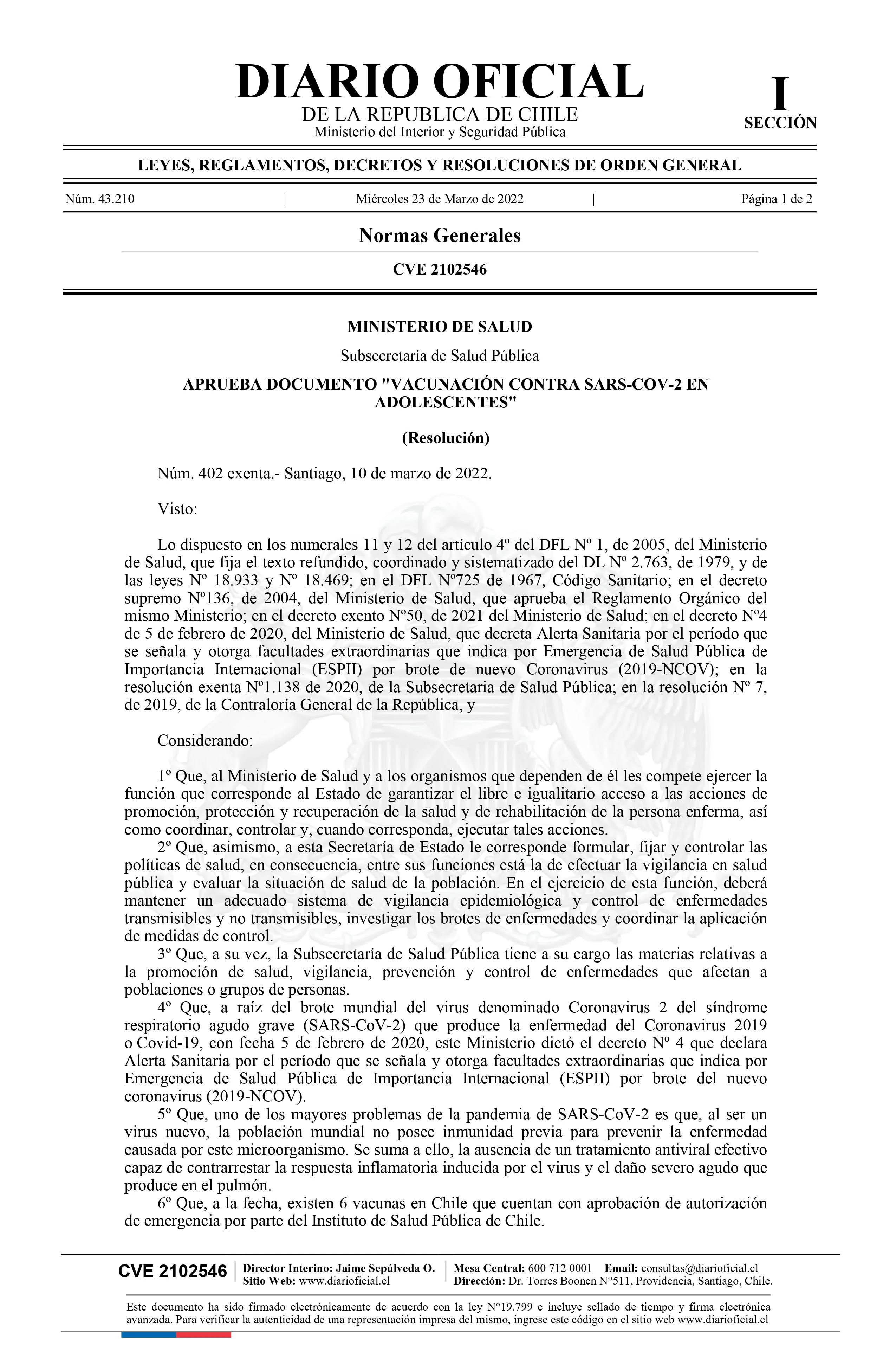 APRUEBA DOCUMENTO "VACUNACIÓN CONTRA SARS-COV-2 EN ADOLESCENTES"