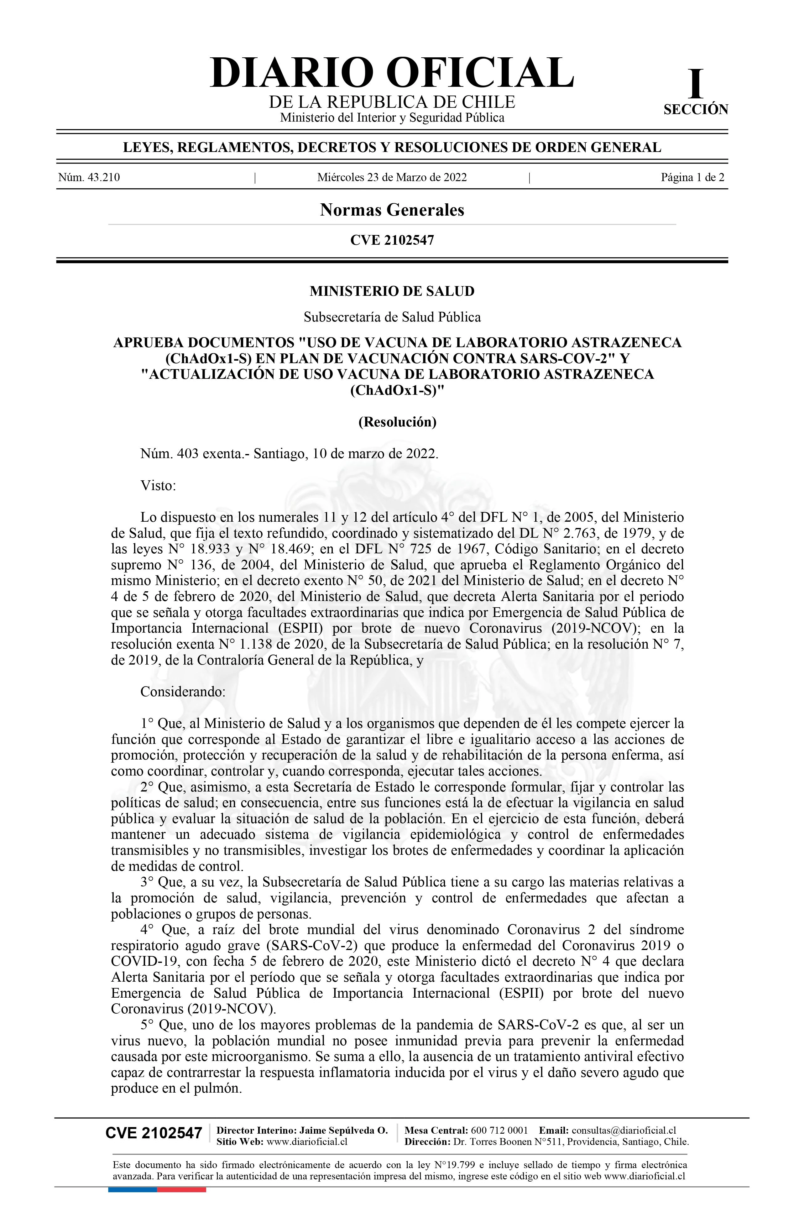APRUEBA DOCUMENTOS "USO DE VACUNA DE LABORATORIO ASTRAZENECA (ChAdOx1-S) EN PLAN DE VACUNACIÓN CONTRA SARS-COV-2" Y "ACTUALIZACIÓN DE USO VACUNA DE LABORATORIO ASTRAZENECA (ChAdOx1-S)"