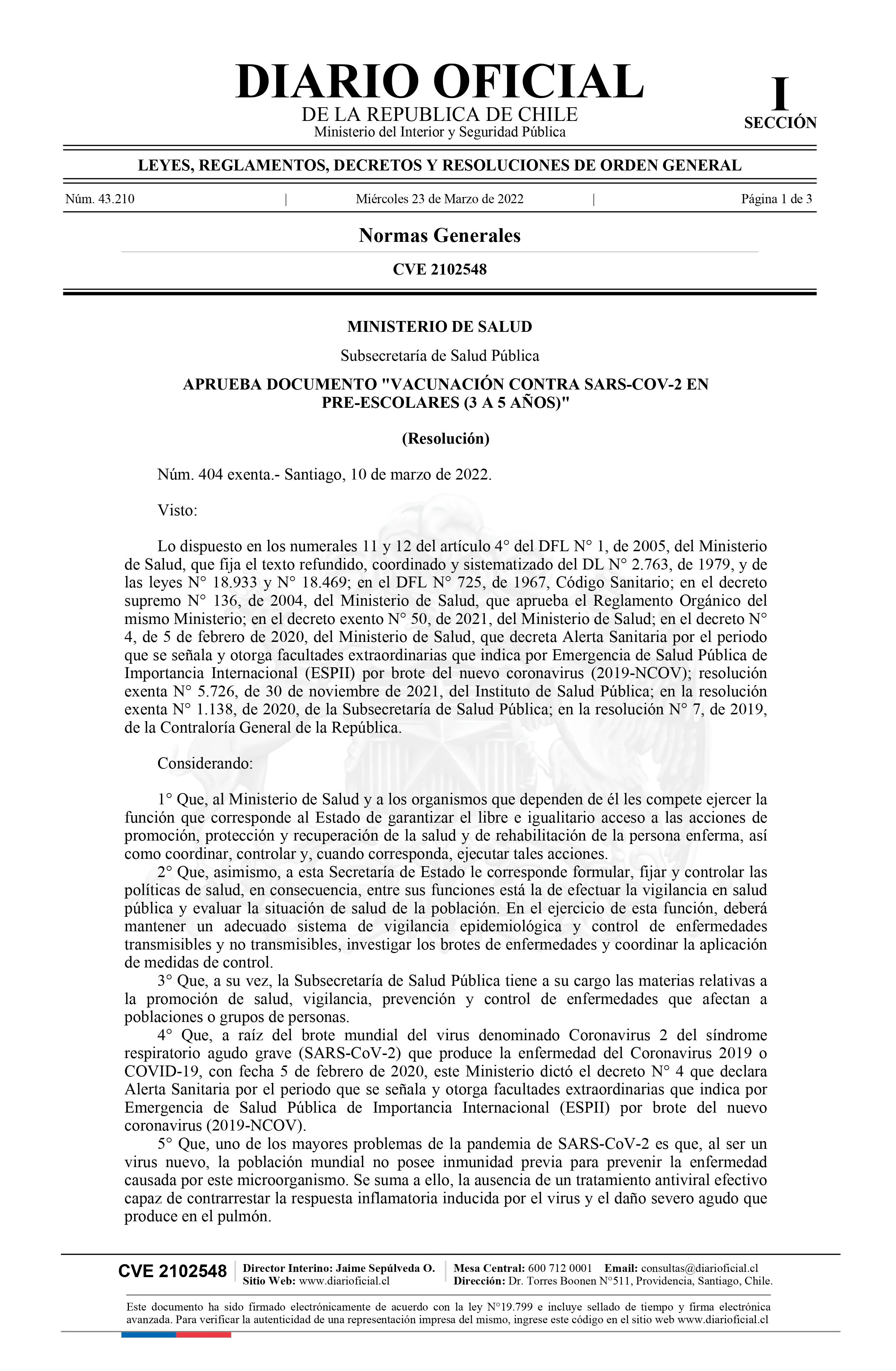 APRUEBA DOCUMENTO "VACUNACIÓN CONTRA SARS-COV-2 EN PRE-ESCOLARES (3 A 5 AÑOS)"