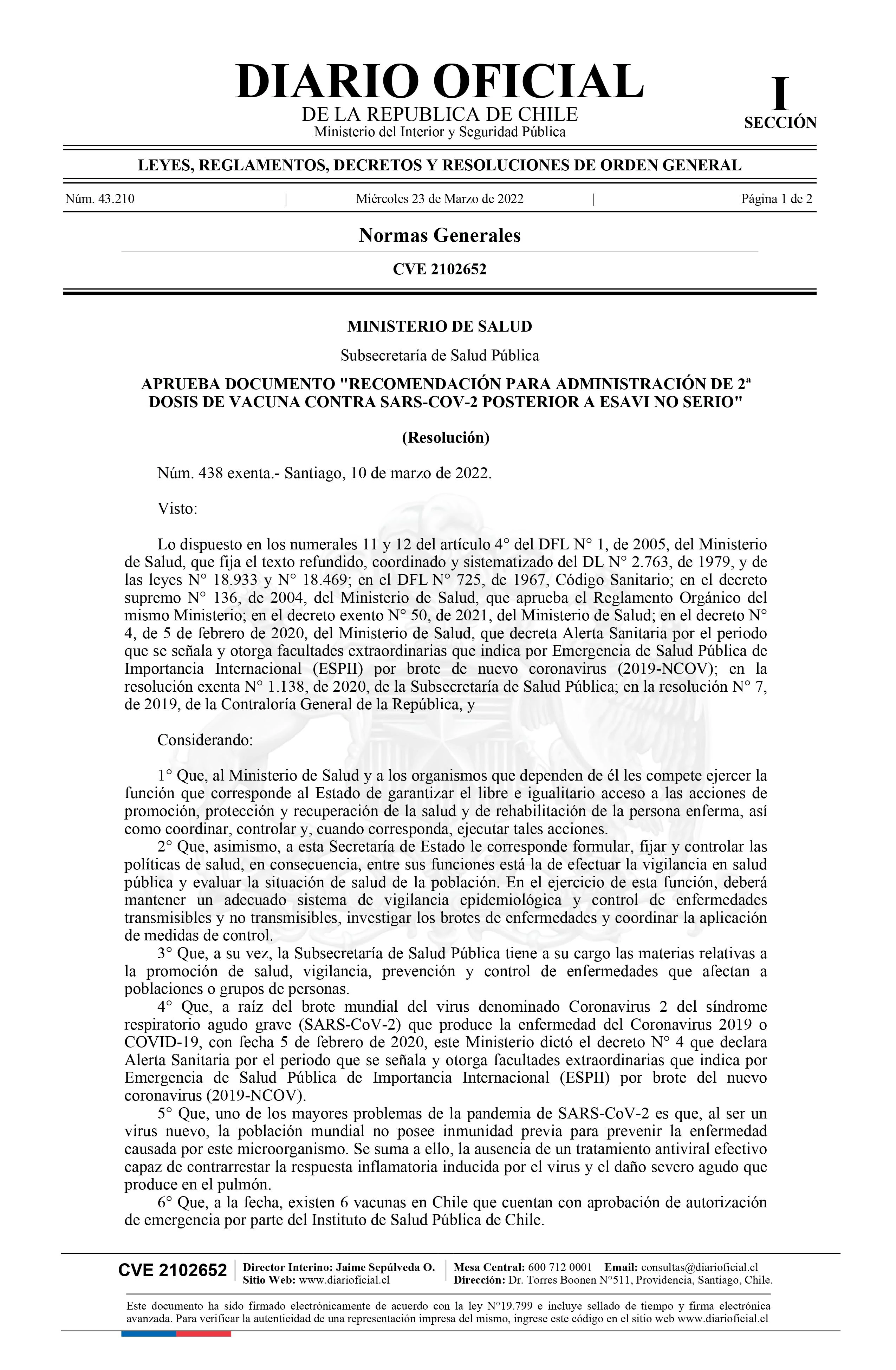 APRUEBA DOCUMENTO "RECOMENDACIÓN PARA ADMINISTRACIÓN DE 2ª DOSIS DE VACUNA CONTRA SARS-COV-2 POSTERIOR A ESAVI NO SERIO"