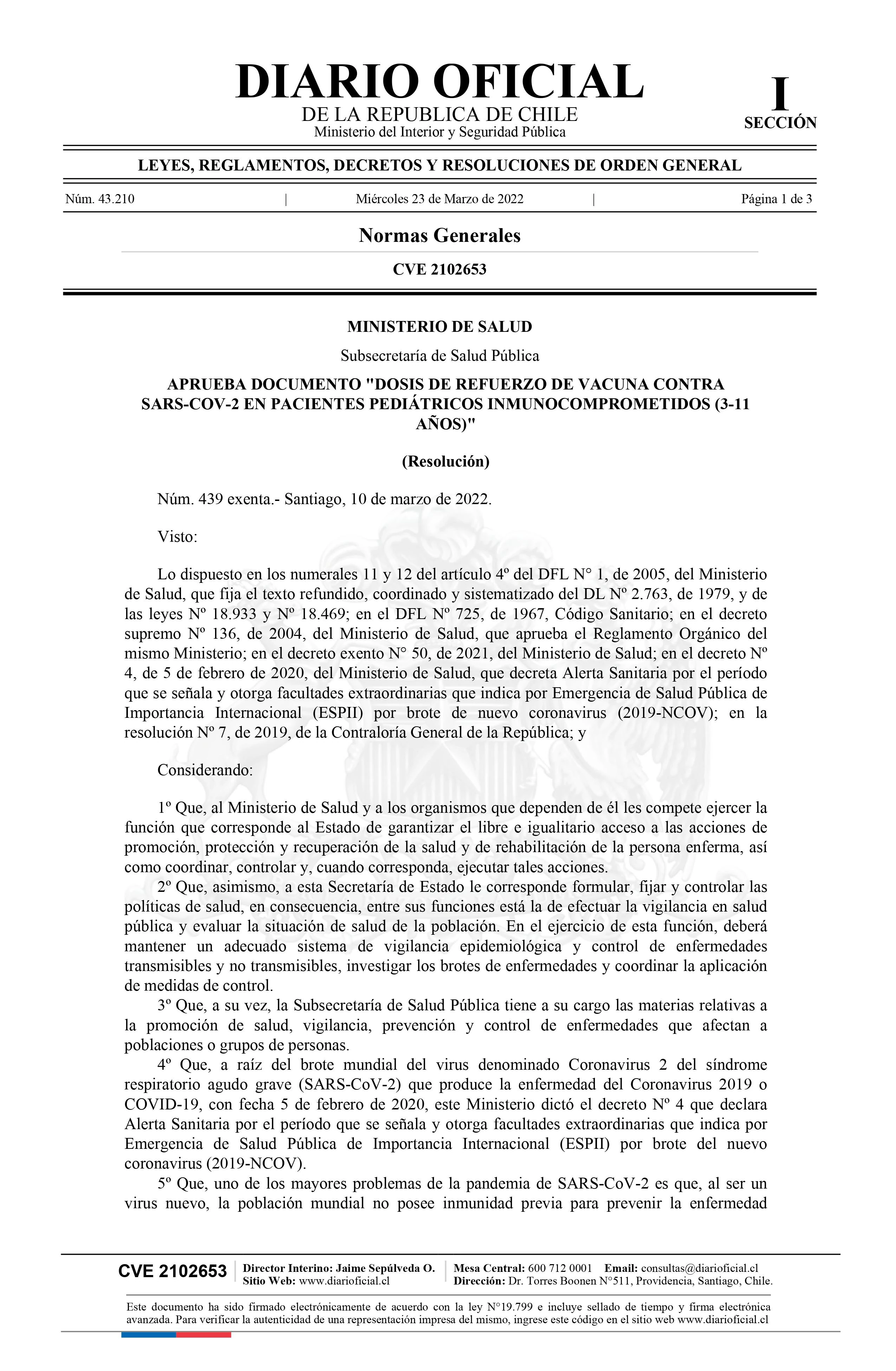 APRUEBA DOCUMENTO "DOSIS DE REFUERZO DE VACUNA CONTRA SARS-COV-2 EN PACIENTES PEDIÁTRICOS INMUNOCOMPROMETIDOS (3-11 AÑOS)"