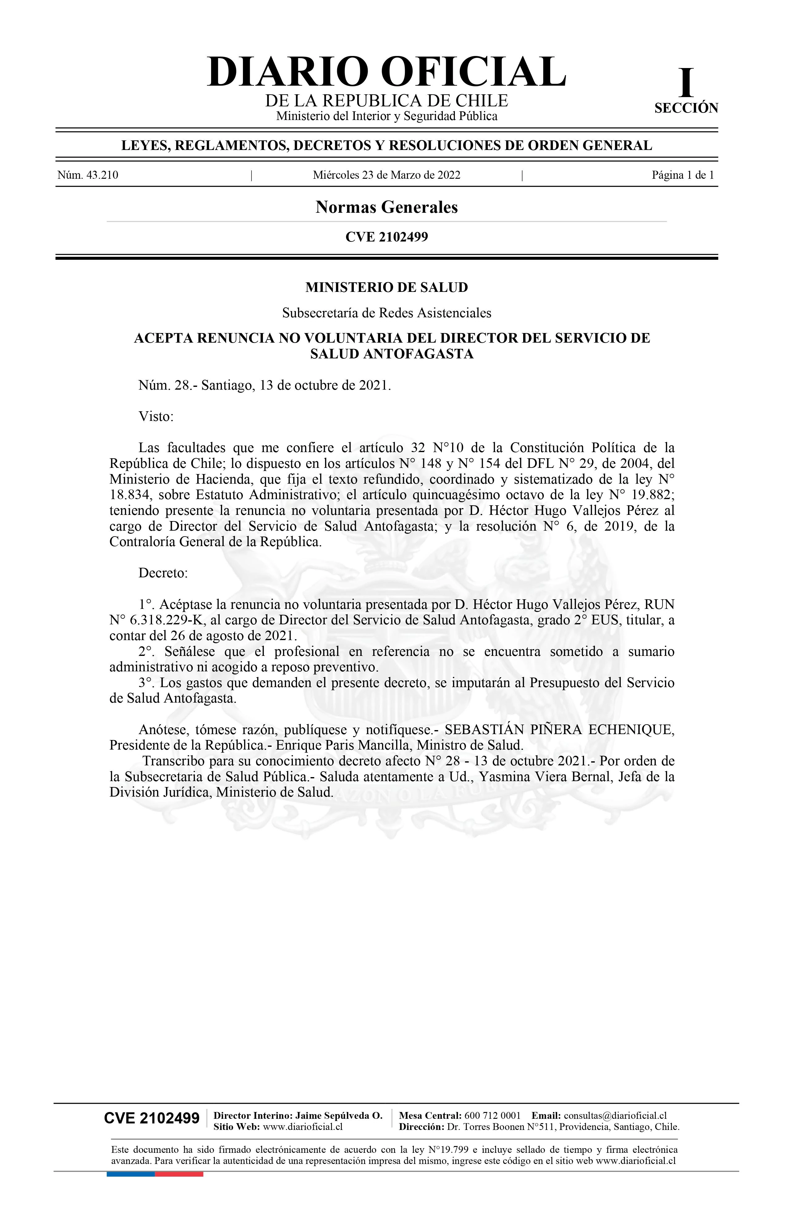 ACEPTA RENUNCIA NO VOLUNTARIA DEL DIRECTOR DEL SERVICIO DE SALUD ANTOFAGASTA