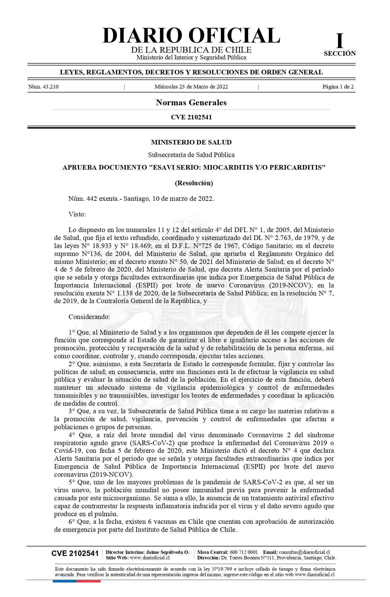 APRUEBA DOCUMENTO "ESAVI SERIO: MIOCARDITIS Y/O PERICARDITIS"