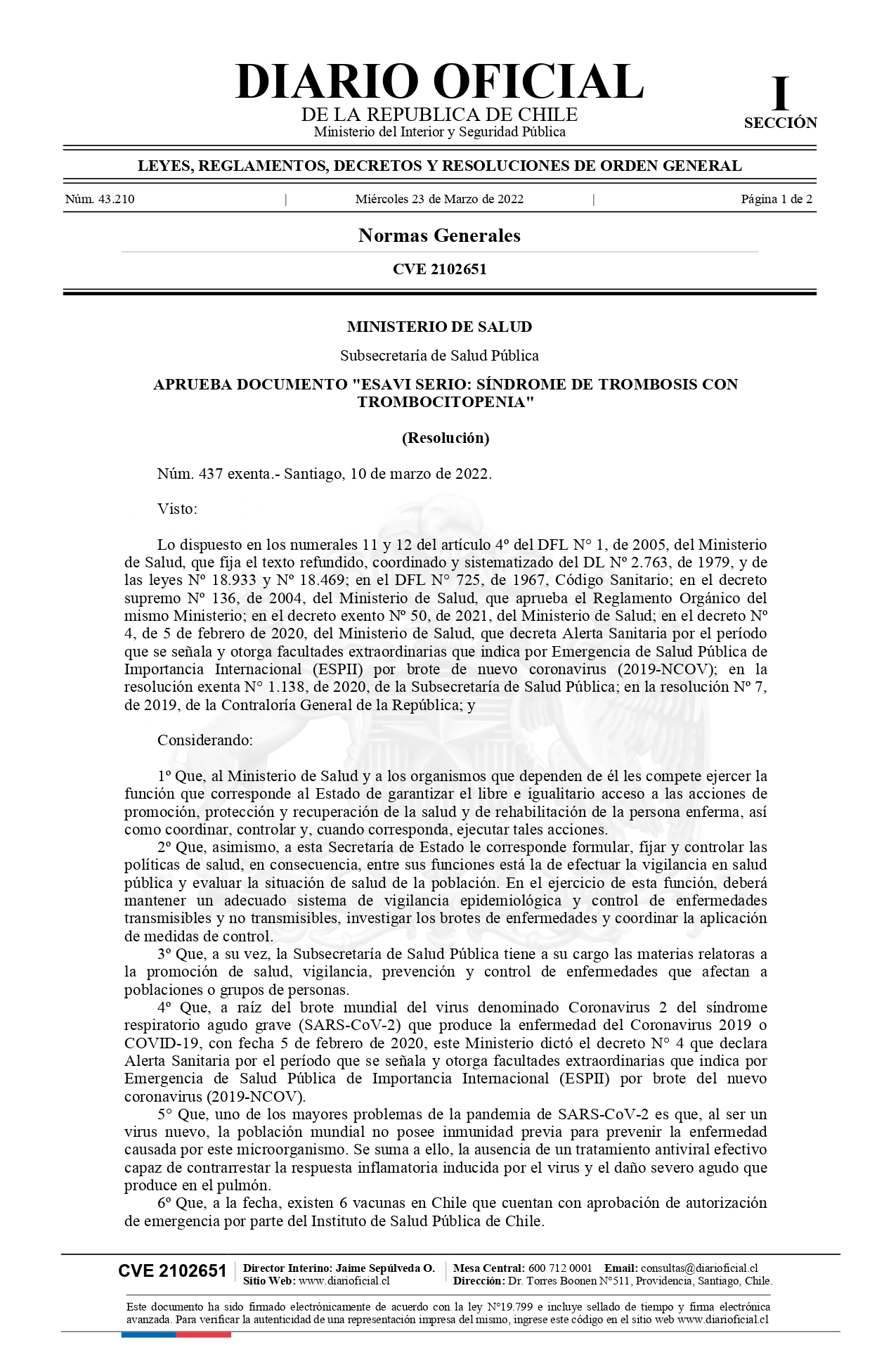Aprueba documento: ESAVI serio: Síndrome de Trombosis con Trombositopenia