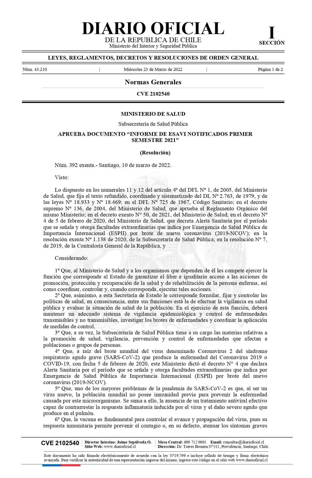 APRUEBA DOCUMENTO “INFORME DE ESAVI NOTIFICADOS PRIMER SEMESTRE 2021”