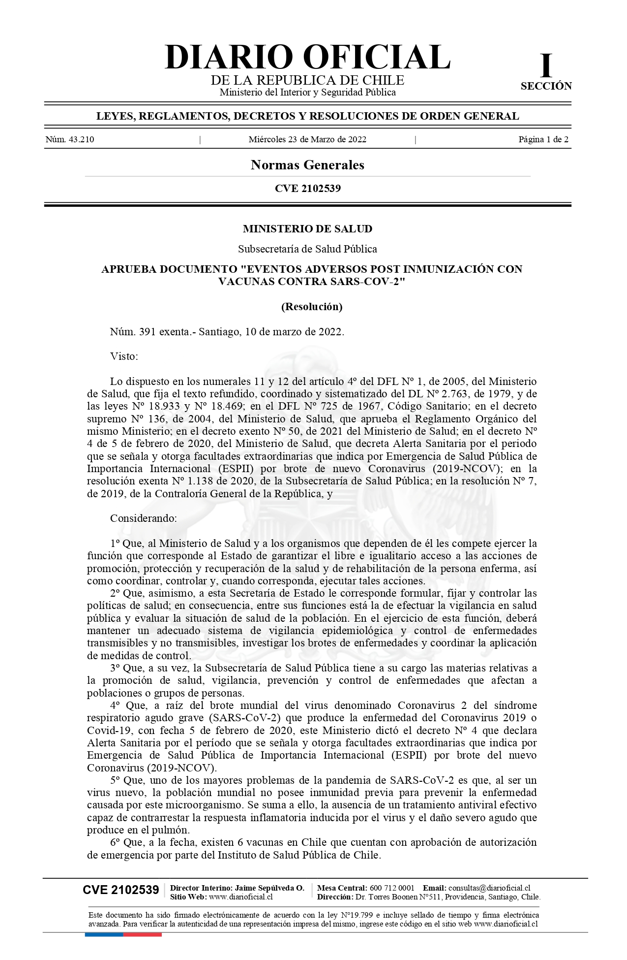 Aprueba documento: Eventos Adversos Post-Inmunización con vacunas contra Sars-Cov-2