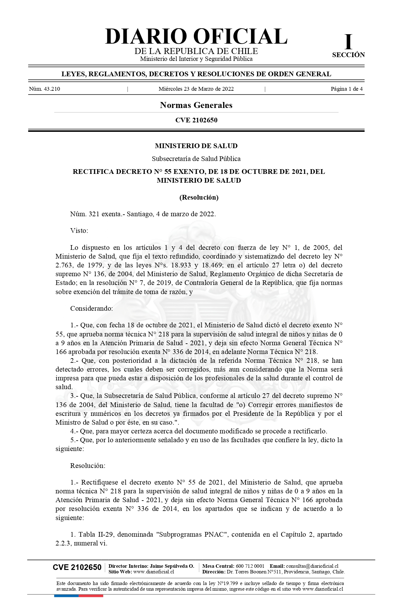 RECTIFICA DECRETO N° 55 EXENTO, DE 18 DE OCTUBRE DE 2021, DEL MINISTERIO DE SALUD