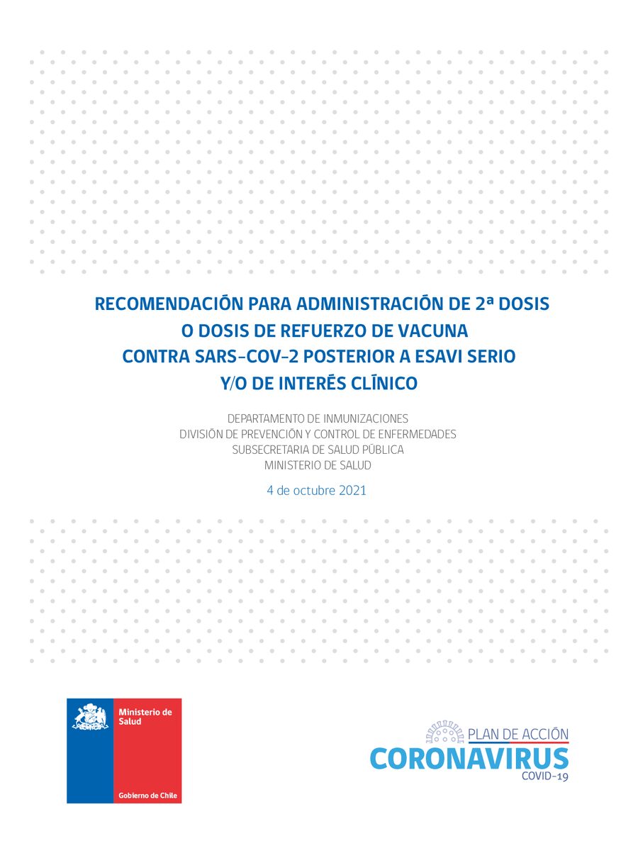Recomendación para administración de 2a dosis o dosis de refuerzo de vacuna contra Sars-Cov-2 posterior a ESAVI serio y/o de interés clínico