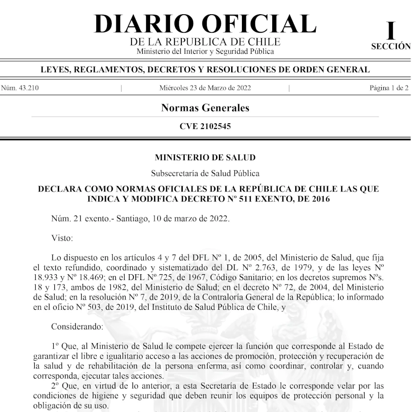 Declara como normas oficiales de la República de Chile las que indica y modifica decreto nº 511 exento, de 2016