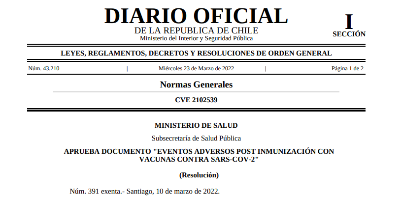 Aprueba documento "Eventos Adversos Post-Inmunización con vacunas contra Sars-Cov-2"