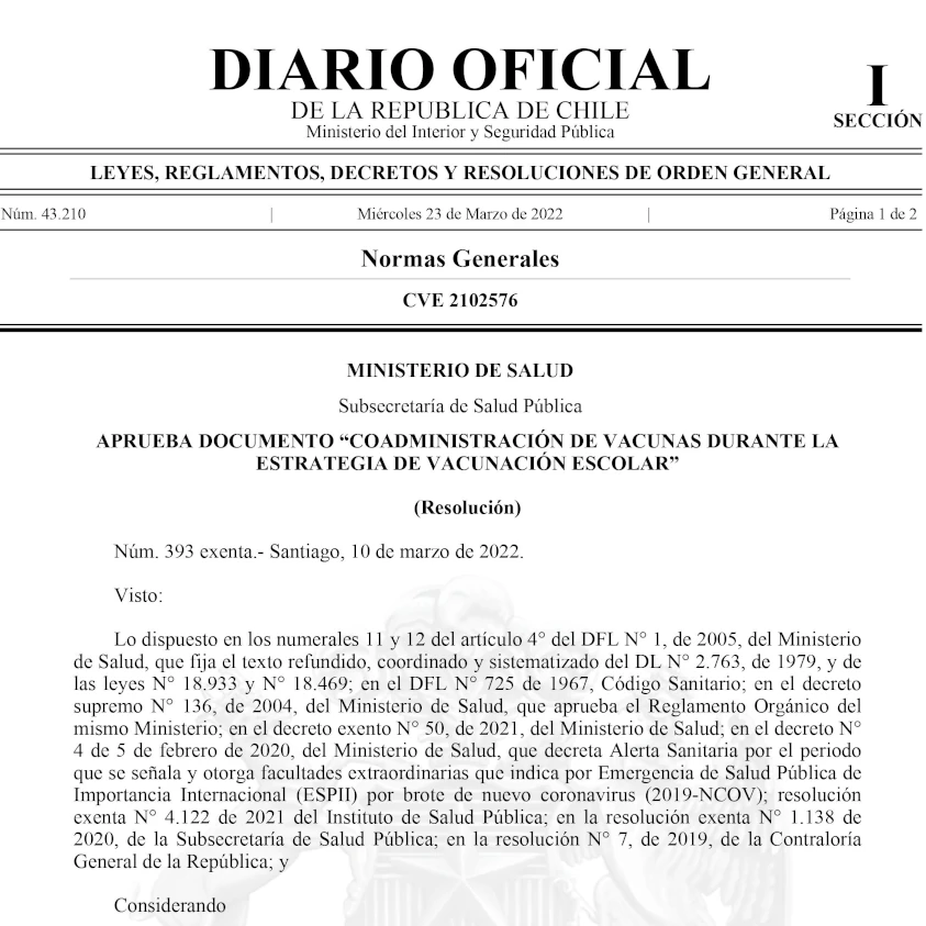 Aprueba documento “Coadministración de vacunas durante la estrategia de vacunación escolar”