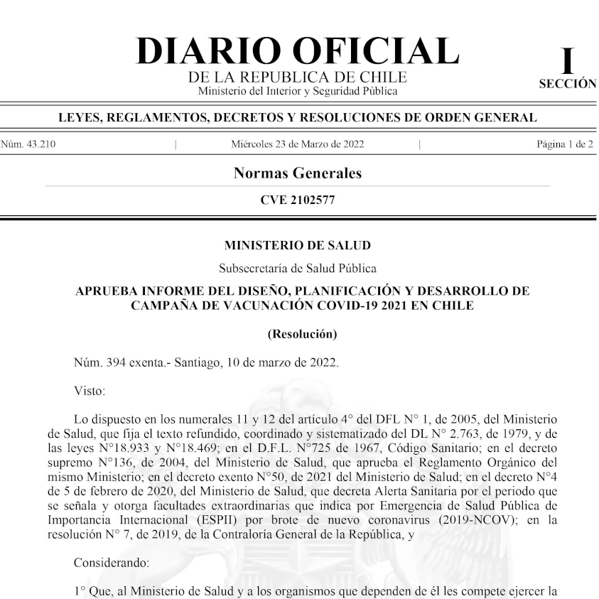 Aprueba informe del diseño, planificación y desarrollo de campaña de vacunación Covid-19 2021 en Chile