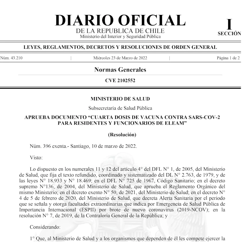Aprueba documento “Cuarta dosis de vacuna contra Ssars-Cov-2 para residentes y funcionarios de Eleam”
