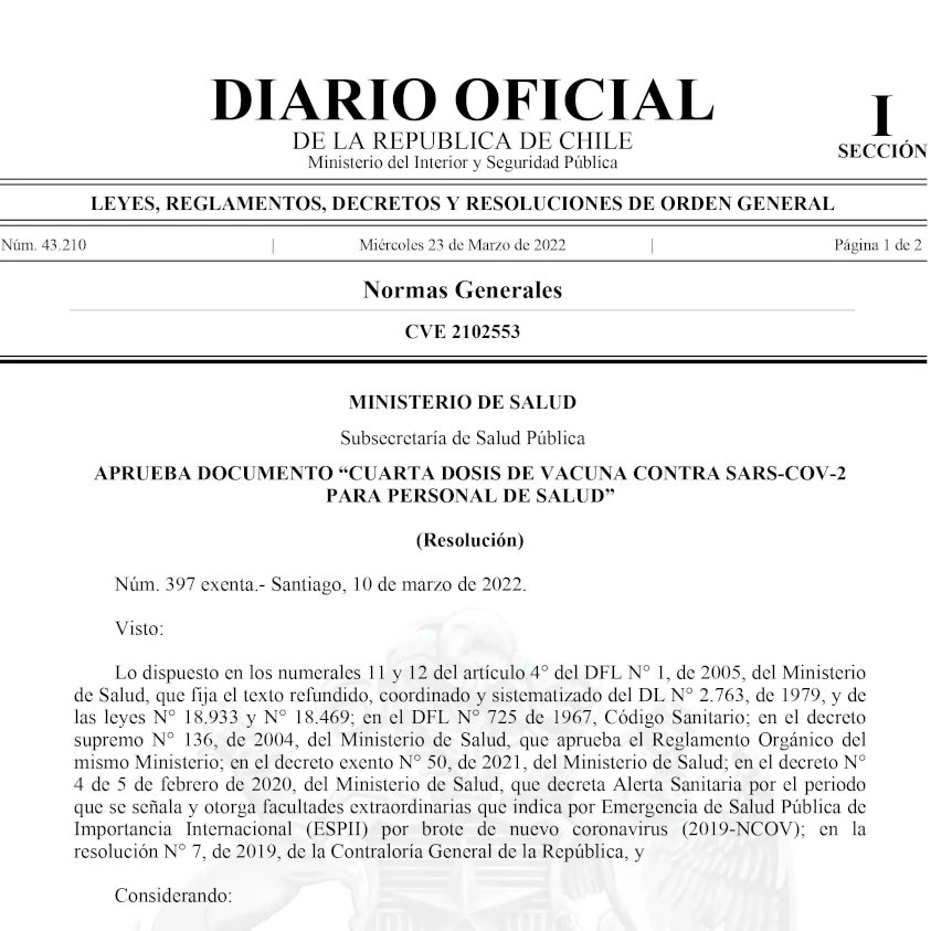 Aprueba documento “Cuarta dosis de vacuna contra Sars-Cov-2 para personal de salud”