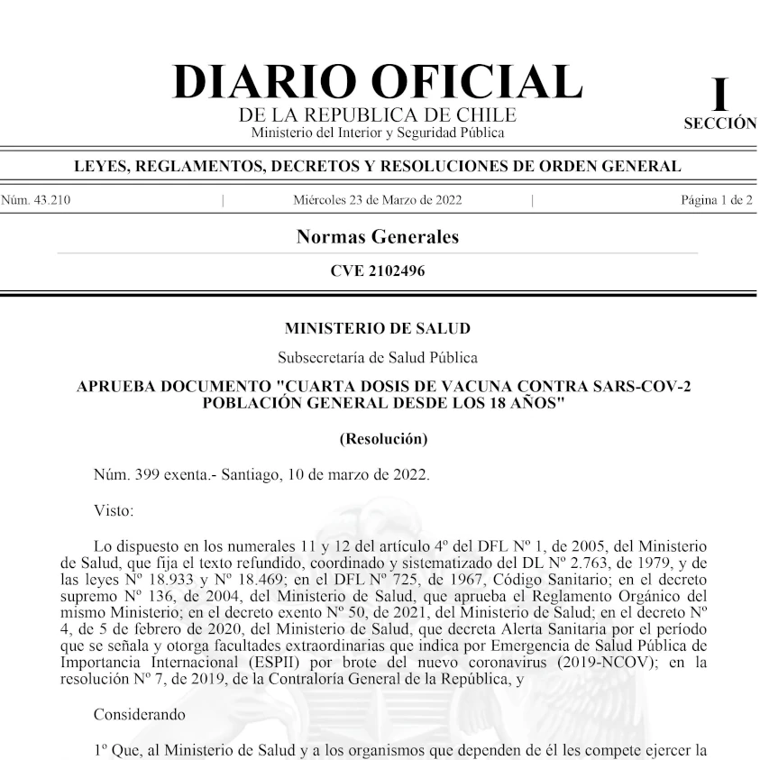 Aprueba documento "Cuarta dosis de vacuna contra Sars-Cov-2 población general desde los 18 años"