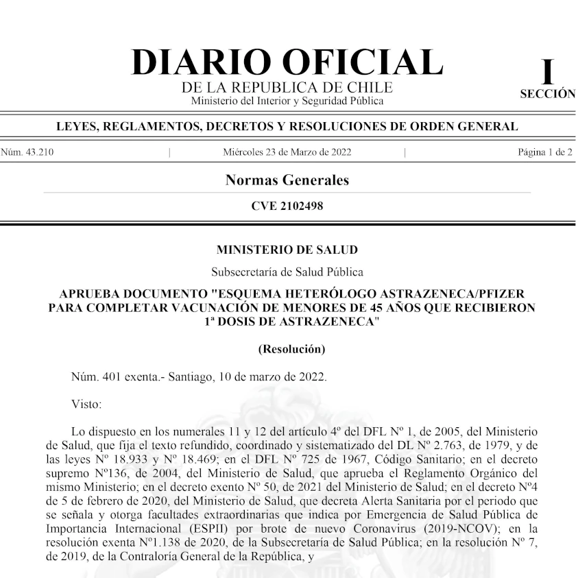 Aprueba documento "Esquema heterólogo Astrazeneca/Pfizer para completar vacunación de menores de 45 años que recibieron 1a dosis de Astrazeneca"