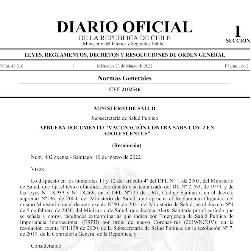 Aprueba documento "Vacunación contra Sars-Cov-2 en adolescentes"