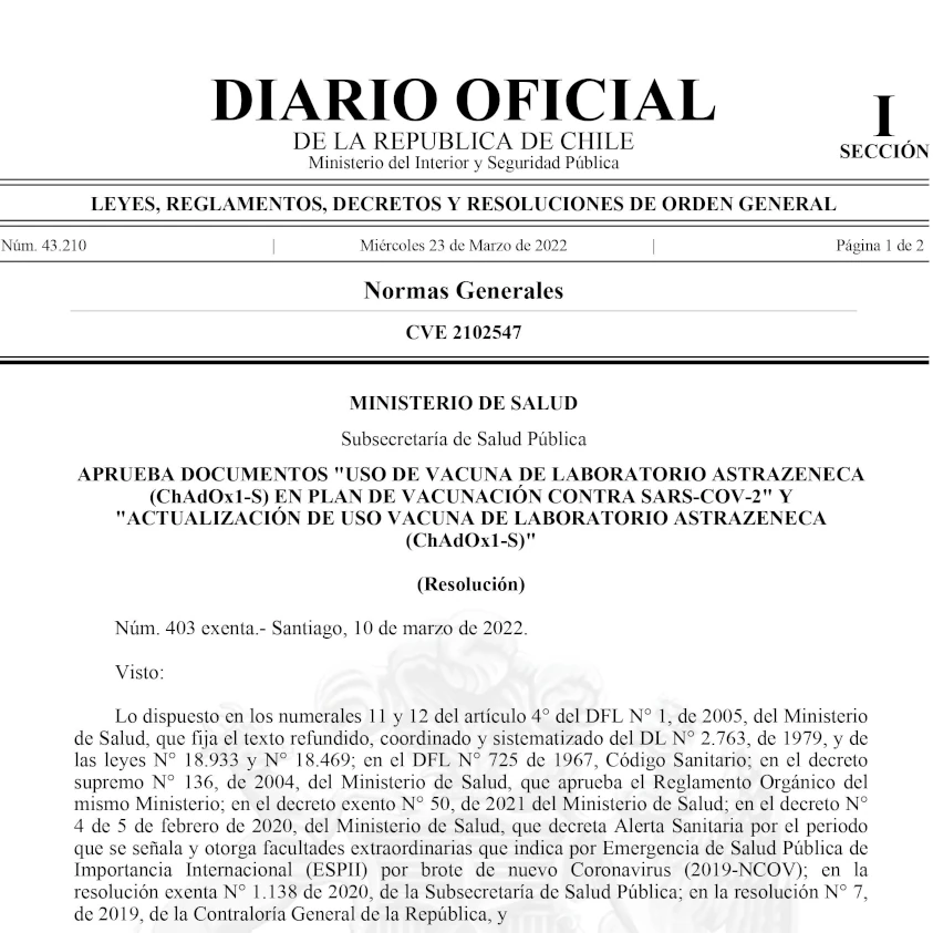 Aprueba documentos "Uso de vacuna de laboratorio Astrazeneca(ChadOx1-S) en plan de vacunación contra Sars-Cov-2" y "Actualización de uso vacuna de laboratorio Astrazeneca(ChadOx1-S)"