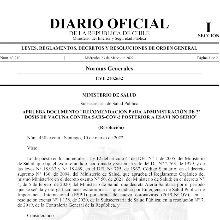 Aprueba documento "Recomendación para administración de 2a dosis de vacuna contra Sars-Cov-2 posterior a ESAVI no serio"