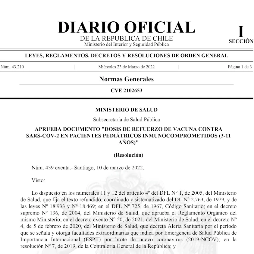 Aprueba documento "Dosis de refuerzo de vacuna contra Sars-Cov-2 en pacientes pediátricos inmunocomprometidos (3-11años)"
