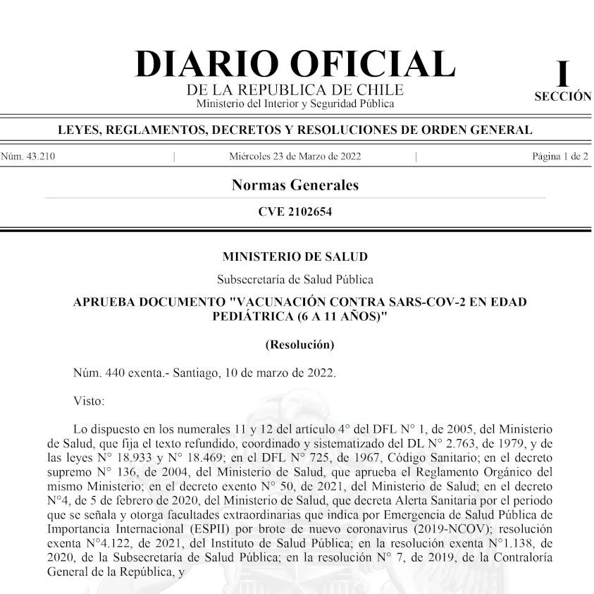 Aprueba documento "Vacunación contra Sars-Cov-2 en edad pediátrica (6 a 11 años)"