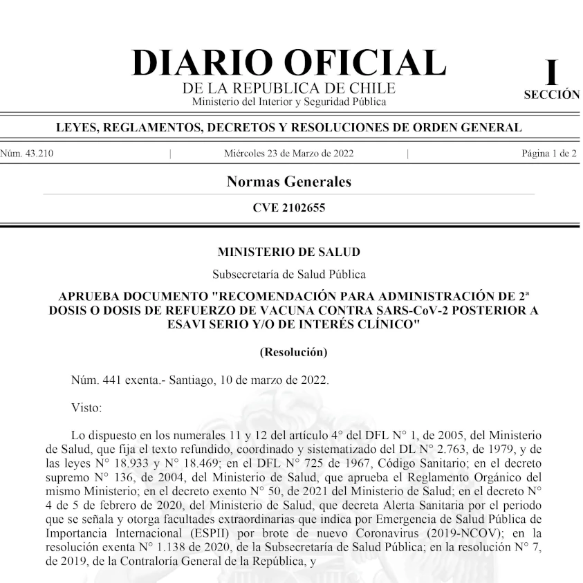 Aprueba documento "Recomendación para administración de 2a dosis o dosis de refuerzo de vacuna contra Sars-Cov-2 posterior a ESAVI serio y/o de interés clínico"