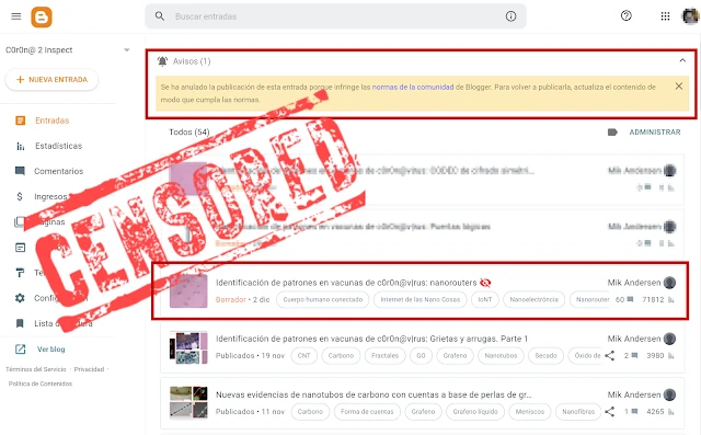 Blogger censura el artículo sobre nanorouter de C0r0n@2Inspect. La libertad de expresión ha sido sepultada