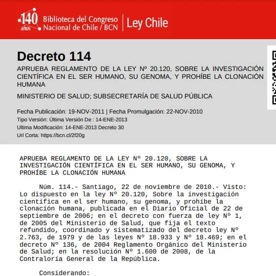 Decreto nº114 – Aprueba reglamento de la ley nº 20.120, sobre la investigación científica en el ser humano, su genoma, y prohíbe la clonación humana