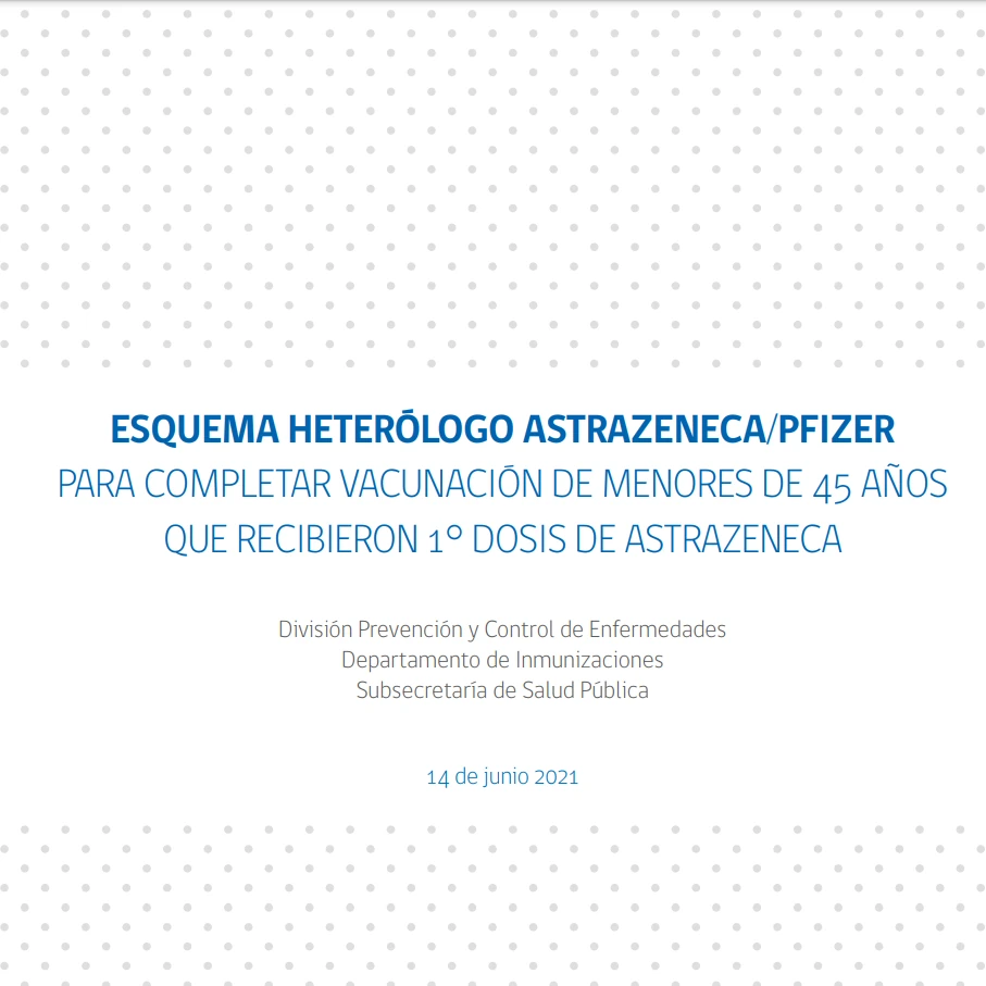 Esquema heterólogo Astrazeneca/Pfizer para completar vacunación de menores de 45 años que recibieron 1a dosis de Astrazeneca