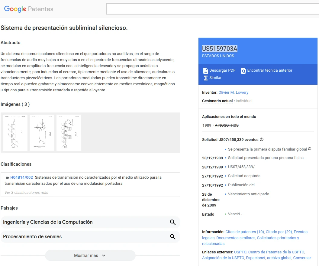 Sistema de presentación subliminal silencioso (US5159703A)
