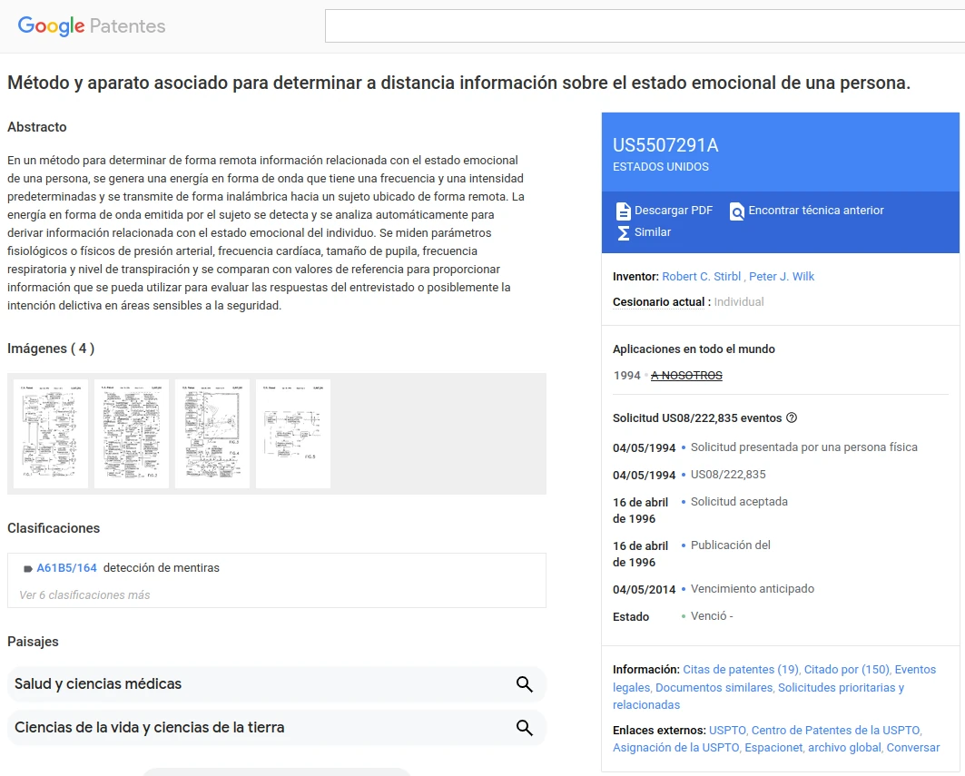 Método y aparato asociado para determinar a distancia información sobre el estado emocional de una persona (US5507291A)