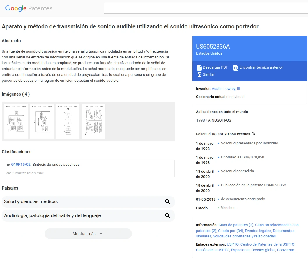 Aparato y método de transmisión de sonido audible utilizando el sonido ultrasónico como portador (US6052336A)