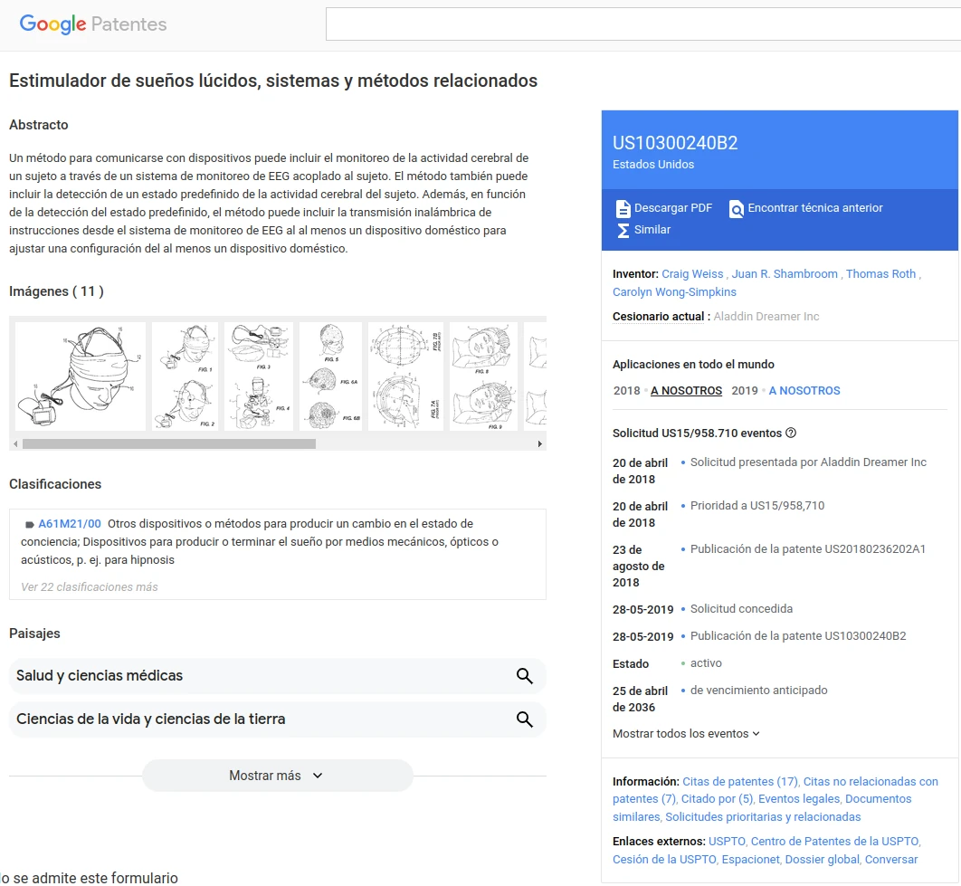 Estimulador de sueños lúcidos, sistemas y métodos relacionados (US10300240B2)
