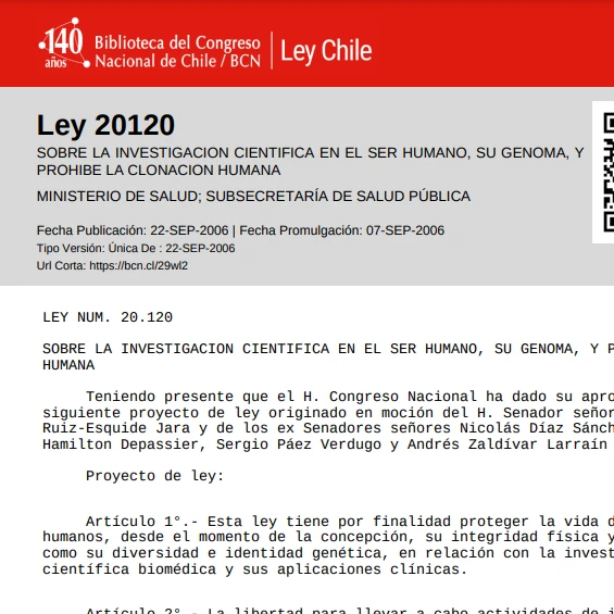 Ley 20120 – Sobre la investigación científica en el ser humano, su genoma, y prohíbe la clonación humana