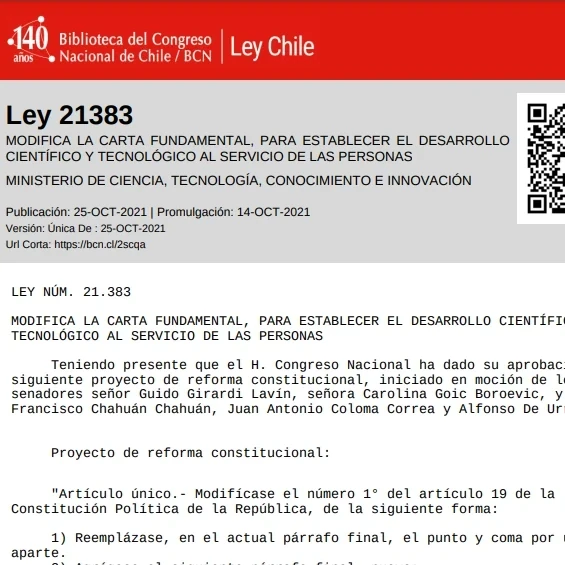 Ley 21383 – Modifica la carta fundamental, para establecer el desarrollo científico y tecnológico al servicio de las personas