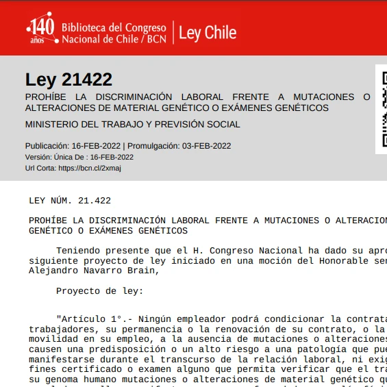 Ley 21422 – Prohíbe la discriminación laboral frente a mutaciones o alteraciones de material genético o exámenes genéticos
